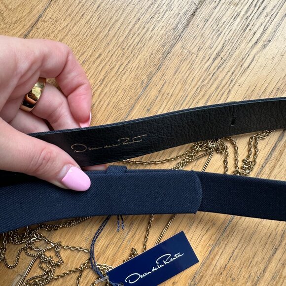 NWT Oscar De La Renta Navy Leather Belt With Gold-tone Chain Drape Accent - Picture 3 of 8